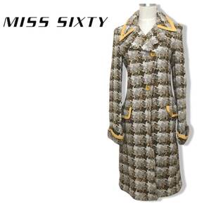 ☆MISS SIXTY ミスシックスティ☆イタリア製 ウール ツイード コート. ロングコート ボタン留め レザー切り替え size S 管:E:4