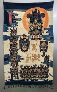 雲南省か貴州省の藍染め仏教画タペストリー（魔除け）USED Tapestry Buddhist Art Buddhism ③