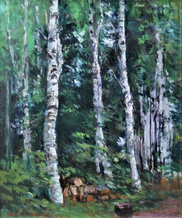 《True work》★Hitsuo Nasu [Early spring, Lake Nojiri] Oil painting No. 8 * Winner of Le Salon Gold Prize, Silver Prize, etc. * Active in various exhibitions in France * Nagano scenery. White birch forest. Trees * Kumamoto * [Peach], painting, oil painting, Nature, Landscape painting