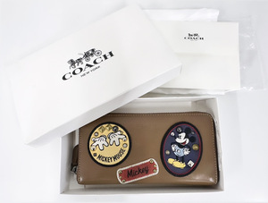 100円～◎COACH × Disney コーチ 財布 ミッキー ディズニー コラボ ブラウン 長財布 ラウンドファスナー ワッペン付き ウォレット