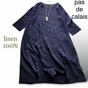 pas de calais パドカレ リネン100% ワンピース 長袖 薄手 ロング マキシ 大きいサイズ感 Mサイズ36 ネイビー紺 麻100% 軽量 膨れ織り