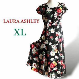 LAURA ASHLEY ローラアシュレイ 花柄 ロング ワンピース 半袖 マキシ 胸元レース リボン フレア 13号大きいサイズ XL LLブラック レッド 