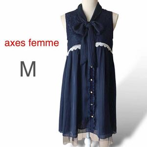 axes femme アクシーズファム ボウタイ付 フレア ワンピース レース リボン 裾チュール チュニック 膝丈 Mサイズ ネイビー紺 ノースリーブ