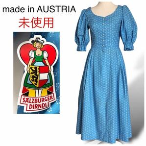 新品 SALZBURGER DIRNDL オーストリア製 チロリアン ワンピース タグ付き未使用 パフスリーブ ロング 花柄 コットン 半袖 Mサイズ38 ブルー