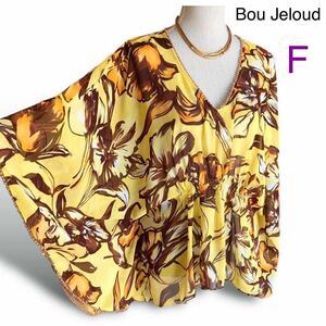 Bou Jeloud ブージュルード 花柄 ブラウス トップス ポンチョ ケープ 大きいサイズ フリーサイズ シフォン Vネック イエロー 七分袖