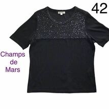 美品Champs de Mars シャンドマルス レジーヌ スパンコール サマーニット トップス カットソー 黒 半袖 クルーネック 大きいサイズ42 XL_画像1