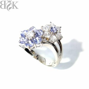 美品 K14WG デザインリング 指輪 キュービックジルコニア 透明石 紫石 フラワーモチーフ ホワイトゴールド 約11号 総重量約3.1g 洗浄済 〓