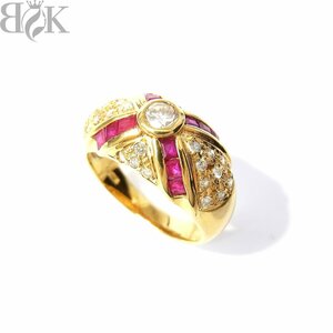 美品 K18 デザインリング 指輪 ルビー ダイヤ イエローゴールド 約15号 0.28ct D0.31ct 総重量約7.0g 超音波洗浄済み 〓