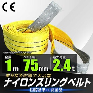 【送料無料】スリングベルト 耐荷2400kg 幅75mm×長さ1m ナイロン ベルトスリング両端アイ型 玉掛け 荷揚 荷吊りベルト 牽引 高耐久