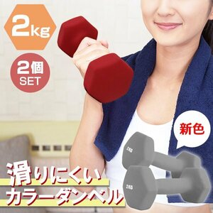 【2個セット/ダークグレー】滑りにくい カラー ダンベル 2kg 筋トレ エクササイズ 宅トレ シンプル ウエイトトレーニング ダイエット 新品