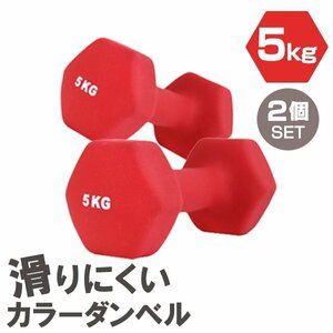 【2個セット/レッド】滑りにくい カラー ダンベル 5kg 筋トレ エクササイズ 宅トレ シンプル ウエイトトレーニング ダイエット 新品 即決