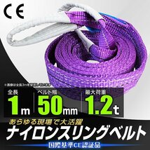 【送料無料】スリングベルト 耐荷重1200kg 長さ1m×幅50mm 両端アイ型 ナイロン スリング ベルト 玉掛け 荷揚 荷吊りベルト 牽引 高耐久_画像1