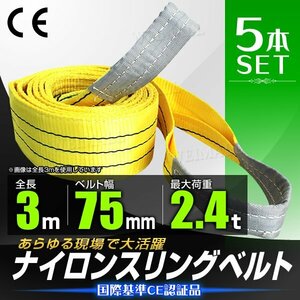 【5本セット】スリングベルト 耐荷重2400kg 2.4t 長さ3m×幅75mm アイ型 ナイロン ベルト スリング 吊り 荷揚 資材 玉掛け 牽引 現場 新品