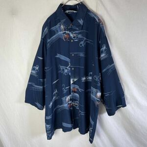 70's CHEMISE by KENNINGTON 7分丈総柄シャツ　古着　XLサイズ　ネイビー　ヴィンテージ 