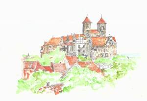 Art hand Auction World Heritage Cityscape/Old Town of Quartlinburg, Germany/F4 Drawing Paper/Watercolor, painting, watercolor, Nature, Landscape painting