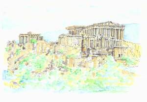 世界遺産の街並み・ギリシャ・アクロポリスの丘／Ｆ４画用紙・水彩