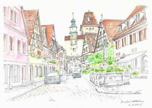 ヨーロッパの街並み・ドイツ・ローテンブルグの門ー２・水彩画・F4画用紙
