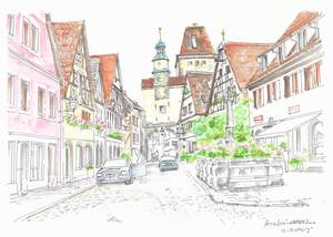 Art hand Auction Paisaje urbano europeo/Puerta de Rothenburg, Alemania-2/Acuarela/Papel de dibujo F4, cuadro, acuarela, Naturaleza, Pintura de paisaje