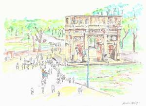 世界遺産の街並み･イタリア･ローマの凱旋門/F4画用紙･水彩, 絵画, 水彩, 自然、風景画