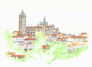 Art hand Auction Weltkulturerbe-Stadtbild/Kathedrale von Segovia, Spanien/F4 Zeichenpapier/Aquarell, Malerei, Aquarell, Natur, Landschaftsmalerei