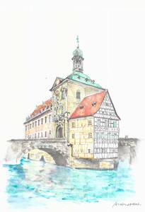 世界遺産の街並み・ドイツ・バンベルグ・橋の上の旧市庁舎－２／Ｆ４画用紙・水彩