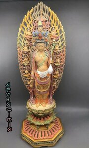 木彫り 仏像【十一面観音菩薩立像】桧木製高級木彫り 観世音菩薩 木製仏像 総高39cm (極彩色切金)