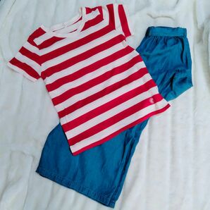 爽やか可愛い夏服セット販売：NAVYワイドパンツ、M.M.OボーダーTシャツ
