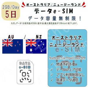 オーストラリア/ニュージーランド eSIM プリペイドeSIM eSIMカード 1日2GB利用 5日間 SIM 4G LTE 高速データ通信 出張 旅行