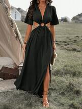 レディース ドレス 女性用 ホリデー 純色 スリット チェーン装飾 ロングドレス_画像2