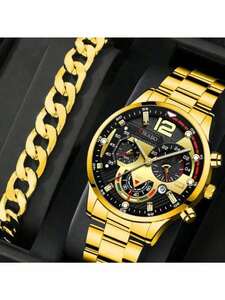 腕時計 メンズ クォーツ 2個セット ブレスレット&腕時計、男性用高級スポーツゴールド腕時計、ビジネス用ステンレススチールストラッ