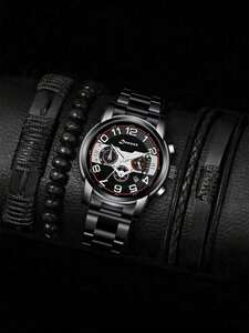 腕時計 メンズ セット メンズビジネスカジュアルカレンダー デジタル クォーツウォッチ 腕時計 ブレスレット4個セット