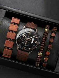 腕時計 メンズ セット ビジネス 男性用 革ベルト クオーツ腕時計 付き ブレスレット セット