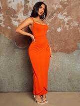 レディース ドレス 流行の女性用セクシーなドーパミンオレンジのツイストデザインウエストパーティー休暇ホッティーニットハイエラスティ_画像2