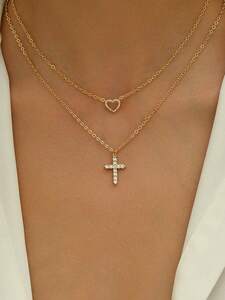 レディース ジュエリー ネックレス セット (キュービックジルコニア) 立体十字架 ハートペンダント レイヤード ネックレス 女性