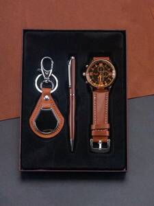 腕時計 メンズ セット 男性用クオーツ時計、ペン、キーチェーンを含む1個のビジネスギフトセット。カジュアル＆シンプルなビジネススタ