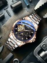腕時計 メンズ 機械式 ビジネス用 自動巻き 防水 時計 メンズ 腕時計 ローズ ゴールド ステンレス スチール ストラップ 青ガ_画像3