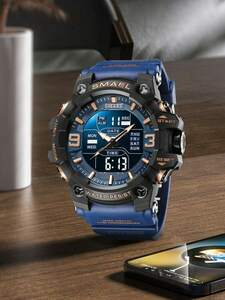 腕時計 メンズ デジタル 1本のブルーストラップメンズカジュアルデュアルディスプレイナイトライトショックレジスタントマルチファンク