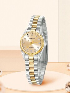 腕時計 レディース クォーツ レディース腕時計 1個 女性用ゴールド丸型完全に埋め込まれた文字盤 表示 アロイストラップ カジュア
