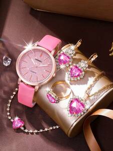 腕時計 レディース セット バレンタインデーの贈り物 6個セットのレディース腕時計 カジュアル クオーツ時計 ローズレッドのストラ