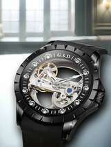 腕時計 メンズ 機械式 自動巻き 腕時計 メンズ ステンレス スチール 黒シリコン 腕時計 ファッション バイク デザイン ホロウ_画像4