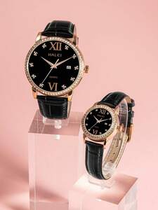 腕時計 ペアウォッチ カップル腕時計用ファッション輝石装飾レザー腕時計バンド 2本セット ギフトボックス付き 贈り物に適しています