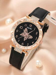 腕時計 レディース セット ブランド シック バタフライ & ラインストーン 腕時計 ブレスレット ネックレス ピアス リング セ