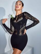 レディース ドレス 女性用セクシーな長袖黒いシームレスのボディコンメッシュ透明高弾性ドレス_画像3