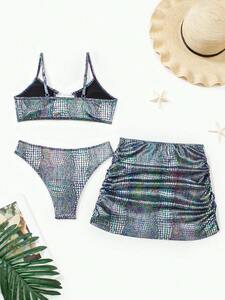 レディース 水着 ビキニセット 女性用チェーンビーチウェアセット（ブラジャー、ビキニ下部、スカート付き）、3点ビキニセット