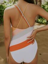 レディース 水着 ワンピース 女性ストライプ＆フラワープリント バックレス ワンピース水着 夏に薄い肩ストラップ_画像1