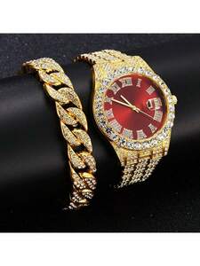 メンズ ジュエリー セット ダイヤモンド付きメンズ腕時計セット ゴールド 赤文字盤 ローマ数字 付属のブレスレット付き 豪華なギフ