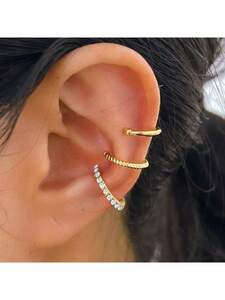 レディース ジュエリー ピアス イヤーカフ ファッションシンプルなレトロ絶妙なゴールドシルバーラインストーン象嵌耳骨クリップ 3