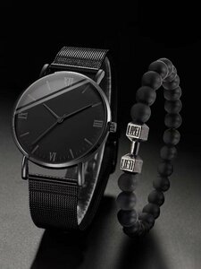 腕時計 メンズ セット 1個 ブラック 亜鉛合金 ストラップ ビジネス ラウンド ダイヤルクォーツウォッチ 1個 ブレスレット ,