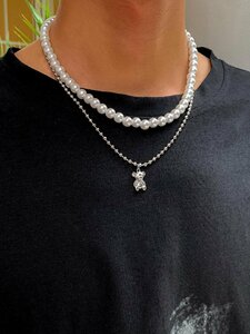 レディース ジュエリー ネックレス レイヤード 1 ファッション亜鉛合金フェイクパール装飾クマチャーム層状ネックレス男性のための毎