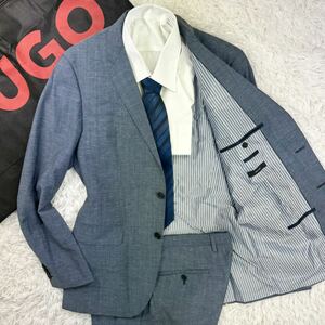 極美品XL! ヒューゴボス【定価約10万】HUGO BOSS スーツ セットアップ 紺色 ネイビーブルー 50 LL位 ウール リネン 高級感◎ 春夏 ビジネス